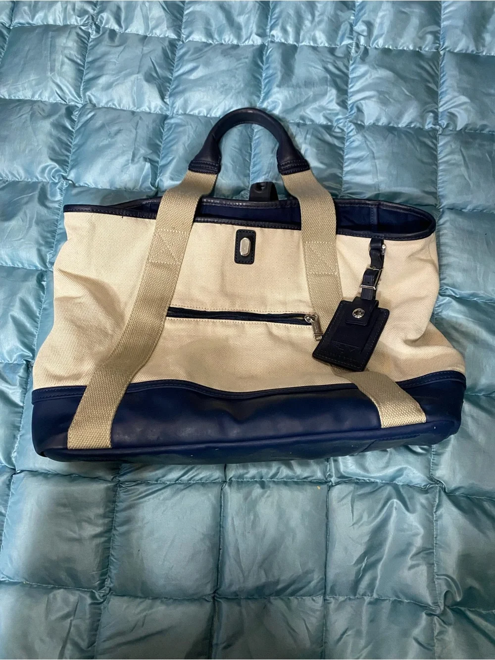 EUC Tumi X Orlebar Brown Canvas and Leather Travel Duffel Bag in Cream & Navy